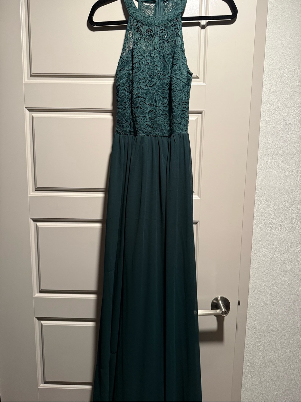 Halter Lace Bodice Teal Prom Gown